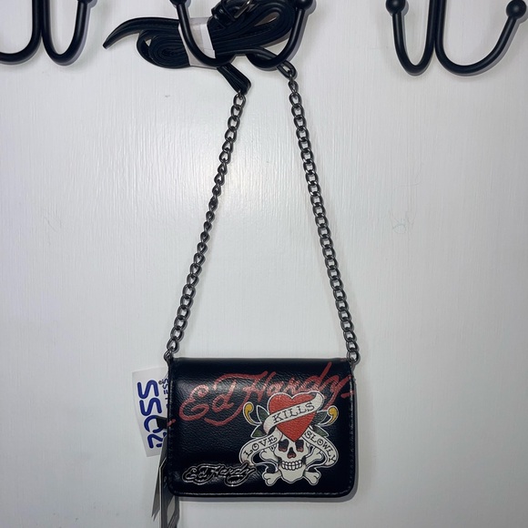 Ed Hardy Handbags - NWT Ed Hardy Black Skull Chain Clutch